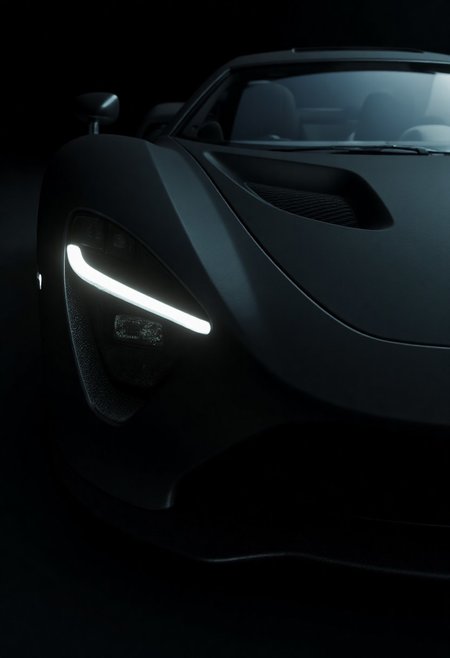 A dramatic close-up of a sleek black supercar under low light, with sharp reflections, glowing LED headlights, matte and glossy textures, aggressive front design, carbon fiber details, cinematic shadows, and a dark moody background — ultra-realistic, high contrast, mysterious atmosphere. aidmaGTA6