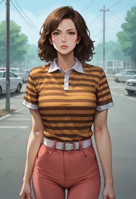 Score_9_up, score_8_up, score_7_up, score_6_up, source_realistic, cowboy shot, BREAK 1girl, Jenny, brown hair, short hair, orange striped shirt, polo shirt, pink jeans, white belt,