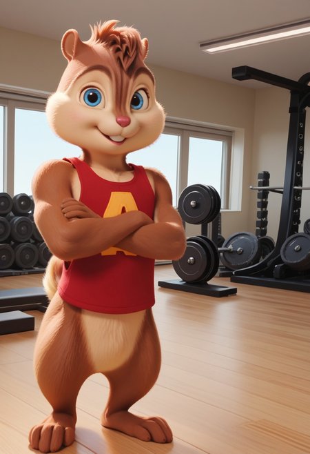 Score_9, score_8_up, score_7_up, source_furry, Alvin Seville, chipmunk, chipmunk male, furry male, furry, 3d, render, movie screencap, blue eyes, muscular body, muscles arms, muscular legs and thighs, red tank top, barefoot, gym, machines, smiling, crossed arms, looking at viewer, <lora:Alvin _Seville __Alvin_and_the_Chipmunks__CG_Movie_version:0.8>