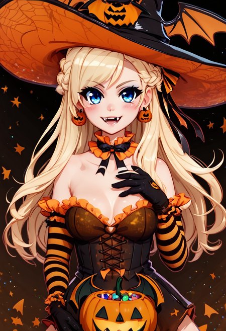 score_9, score_8_up, score_8, (big breasts), (curvy), cute, eyelashes,        
BREAK,  
,,,
mxmarina, french braid, half updo, Hair ribbon, frilled choker, blue eyes, blonde hair, 
,,,
gloves, hat, jewelry, earrings, black gloves, elbow gloves, striped, witch hat, fangs, halloween, jack-o'-lantern, striped gloves, 
BREAK,   
blush, smile, looking at viewer, cowboy shot,  
zPDXL, Expressiveh,