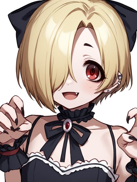 score_9,score_8_up,score_7_up, <lora:idolmaster_cinderella_all:1>ï¼1girl, bare shoulders, blonde hair, dress, fang, flat chest, hair bow, hair over one eye, highres, looking at viewer, open mouth, paw pose, red eyes, shirasaka koume, short hair, simple background, sketch, smile, solo, upper body, white background