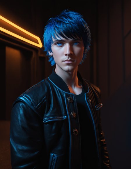 1boy, Kristoff O'hanlon, slsxl style, solo, solo focus, looking at viewer, short hair, bangs, blue eyes, black hair, jewelry, blue hair, jacket, open clothes, open jacket, black jacket, cinematic lighting, neon rim lighting, side lighting, rembrandt lighting, cinematic angle, masterpiece, best quality , <lora:SL_SDXLv1:0.5>