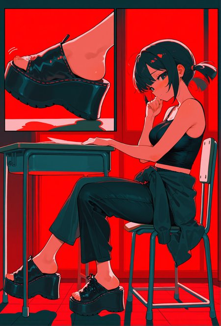 masterpiece, best quality, amazing quality, very aesthetic, high resolution, ultra-detailed, absurdres, 
multiple views, poses,
(close-up inset of feet and shoes), detailed feet, foot focus, perfect feet,
(1gu4n4 sandals), (platform footwear:1.2), black footwear,
1girl, 
sitting in chair, desk,
from side,
classroom, cinematic lighting, side lighting, red theme,
loose clothing, black tanktop, loose pants, capri pants, black pants, black clothing, hoodie tied around waist,, 
blushing, looking at viewer, flirting, shy,
cute face, perfect face, 
medium breasts,
black hair, short hair, quad tails, goth,