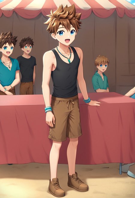 okada_zenya, brown hair, spiky hair, blue eyes, solo focus, 1boy, solo, necklace, hand band, black tank top, brown shorts, full body, outdoor, sunny day, market in the background