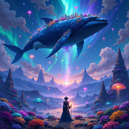 3pic_vist4, anime_martz, a massive floating whale drifts above a glowing desert where vibrant coral reefs grow from the sand, under an aurora-lit sky. A lone figure, dressed in Victorian-era clothing and holding a candle, stands on a mountain-sized jellyfish, gazing at an upside-down forest suspended in the sky. In the distance, neon pyramids pulse to an unseen rhythm, and waterfalls flow upward into the clouds. Fireflies as large as planets hover in the background, casting an ethereal glow over this otherworldly landscape.