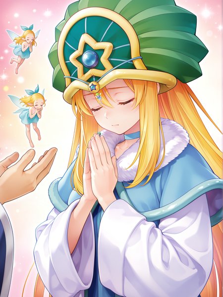 official alternate costume, 1girl, 3others, doriado, closed eyes, solo focus, fairy, official art, blue choker, green wizard hat, blue rope, fur trim, clasped hands pose,
masterpiece,best quality,amazing quality,very aesthetic,absurdres,newest,<lora:Doriado 4 in 1 illusXL v1.1:0.7>,