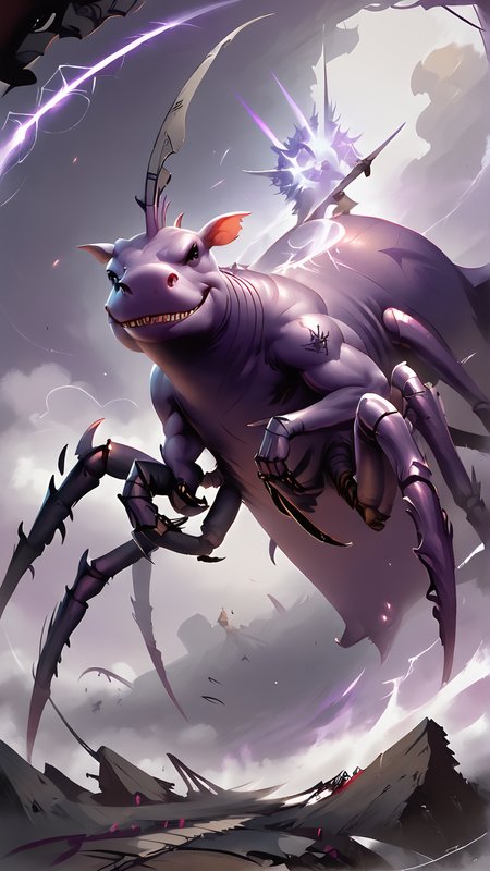 <lora:4r4chn1dPony:0.75>, score_9, score_8_up, score_7_up, score_6_up, fantasy 4r4chn1d, concept art, digital art, realistic, detailed face,  solo, arachnid, Hippopotamus inspired desktop wallpaper, official_wallpaper, atmospheric, warrior, smirk, combat stance, holding a weapon,  purple hair, Black skin, Topknot, <lora:Smooth Anime 2 Style SDXL_LoRA_Pony Diffusion V6 XL:0.8>, in location meteor crater, (Masterpiece:1.3) (best quality:1.2) (high quality:1.1)