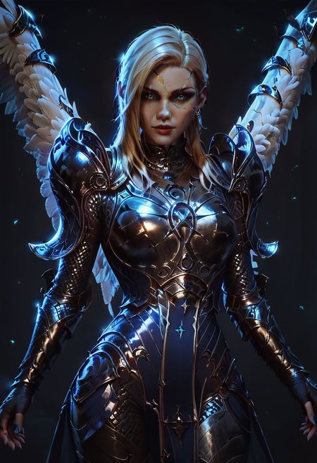 score_9, score_8_up, score_8, 1girl, smooth, dameaylin, cracked gold skin, pale white skin, blonde hair,  highly detailed, perfect, high quality, high definition, looking at viewer, sullen, concept art, realistic, dark theme, low light, black angel wings, dark forest, glowneon, glowing, blue glow, wearing armor, blue glow shining down from above