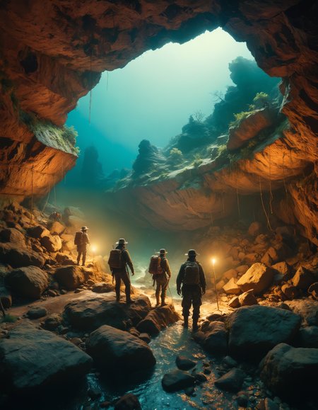by Ivan Aivazovsky and Barbara Stauffacher Solomon, hyper realistic full view photo of  a (group of brave adventurers exploring a hidden treasure-filled cave guarded by ancient traps:1.1),  (cluttered , iconic , blank , sparkling , masterful:1.4), bold lines, hyper detailed, award winning, limited color palette, high contrast, depth of field, (intricate details, masterpiece, best quality:1.4)
dramatic cinematic lighting, film grain, looking at viewer, dynamic pose, wide angle panoramic view,
<lora:add-detail-xl:0.5> <lora:xl_more_art-full_v1:0.5> <lora:looking_at_viewer:2>