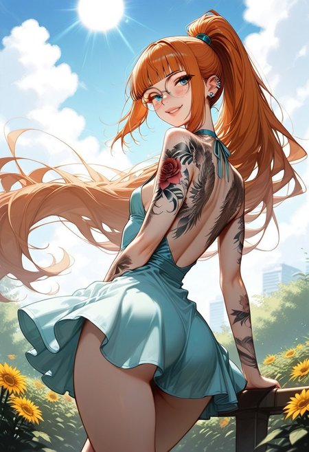masterpiece, best quality, 32k, high resolution, absurdres, Yulia, YuliaRH, 1girl, ginger hair, blunt bangs, double_tendrils, very long hair, high ponytail, straight hair, blue eyes, slim, small breasts, piercings, beautiful full lips, freckles, lot of freckles, small round mouth, round eyeglasses, t4ts, tattoos, tattoo, full-body tattoo, full arm tattoo,floral sundress, short dress, focus on face, detailed lips, detailed eyes, expressive, looking at the viewer, posing, posing cute, smiling, teeth, outdoors, garden, flowers, cloudy, sun, sun rays, back view, from behind shot, flowing hair, flowing skirt,