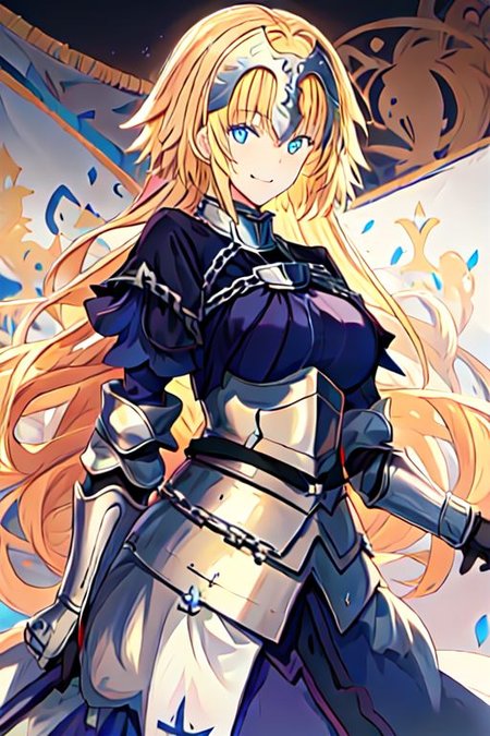 solo, 1girl, solo_focus, 
jeanne_d_arc_fgo, blonde_hair, long_hair, blue_eyes, breasts, very_long_hair, headpiece, smile, braid, gauntlets, single_braid, large_breasts, bangs, chain