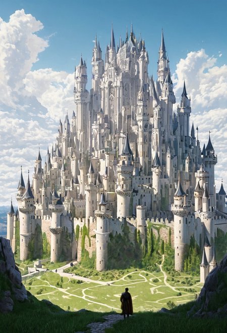 castle,
A traveler looking at a gigantic castle made of dozens of towers, medical, white, grass,