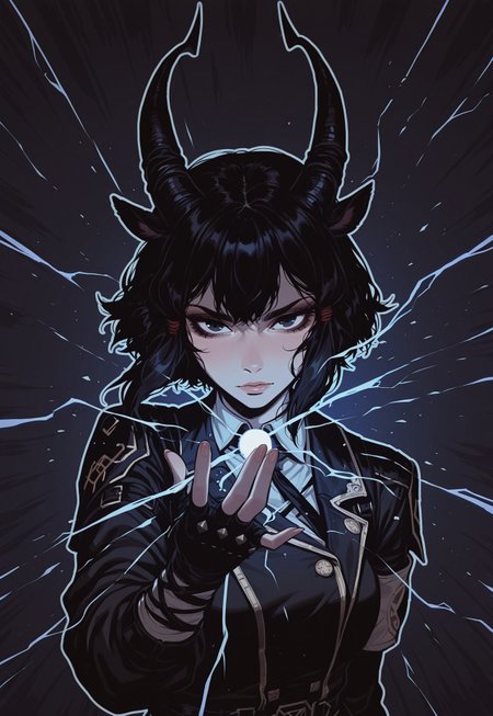 score_9, score_8_up, score_7_up, masterpiece, best quality, very aesthetic, detailed face, (dynamic:1.1), incoth, (incase:0.6), thick lines, outline, illustration, 1girl, demonic goat girl, black hair, slanted bob, black, dark, casting spell, arcane, horny, spaded tail, horns, upper body, angle, clean, animal ears, 
