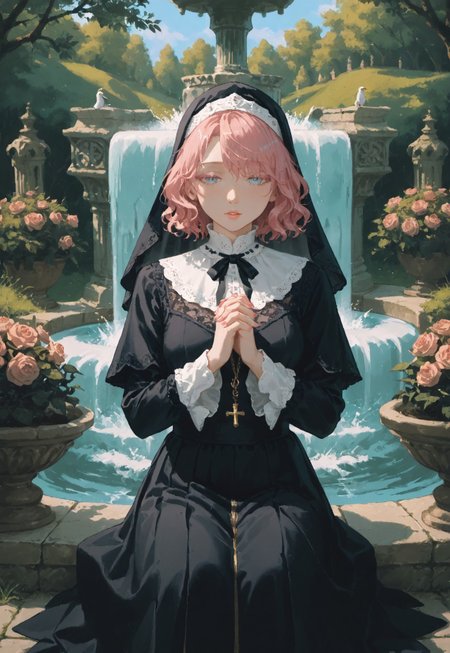 score_9, score_8_up, score_7_up, score_6_up, 
vermis style, Expressiveh, 
BREAK
1girl, short hair, wavy hair, pink hair, gradient eyes, light blue eyes, pink eyelashes, black veil, lace-trimmed veil, puritan collar, lace-trimmed collar, black neck ribbon, long sleeves, pleated black habit, 
praying, own hands together, interlocked fingers, pink nails  sitting under fountain, ornate carved marble fountain, grass, garden, trees, birds, furrowed brow, half closed eyes, sideways glance, dynamic pose, holding rosary
BREAK
intricate pattern, rose motif, medieval decoration, outside border, masterpiece, best quality, very aesthetic, absurdres, amazing quality, newest, dynamic background, medieval, renaissance, detailed background,