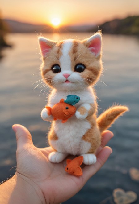 a small, simple, cuddly felt kitten holding a fish in its tiny hands, gazing directly into the camera with a joyful smile. The scene is so sweet that it melts even the toughest hearts. Describe the loving atmosphere created by the combination of felt, smiles, and hearts diring a beautiful sunrise <lora:WildcardX-XL-Detail-Enhancer:1>