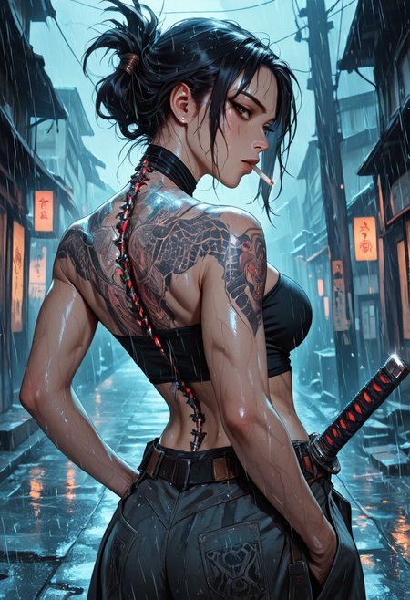 highres, very detailed, amazing quality, masterpiece,
very aesthetic,
particle effect, Cinematic, 
1girl, solo, toned, toned body, Black hair, hair up, beautiful, exposed shoulders, exposed back, bionic spine, smoking, cigarette, strong face, angled face, brown eyes, female yakuza, cybernetic katana, bandage tube top, large breasts, looking at viewer, intense glint in eye, beautiful eyes, 
Back tattoo, Dragon back tattoo, 
hands in pockets, baggy pants, ancient pants, 
Raining, ancient Japanese street, 
Close up, cowboy shot, 
From behind, View from behind,