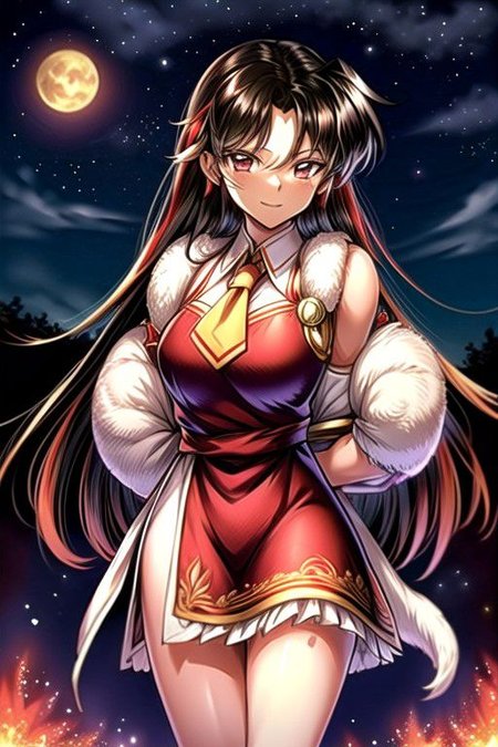 best quality 1girl Setsun4 solo long hair,  (night time) forest background black hair very long hair purple eyes multicolored hair armor, small, (fur trim) (medium body),<lora:EMS-179-EMS:0.800000>,<lora:EMS-293862-EMS:0.800000> bow, hair_bow, hair_tubes, red_bow, brown_hair, long_hair, bangs, ascot, frilled_bow, yellow_ascot, blush, smile, hair_between_eyes, athletic, armor, miko, ,(((intricate outfit,intricate clothes,embroidered outfit,ornate outfit,embroidered clothes,ornate clothes))), strengthmda, crossed arms,