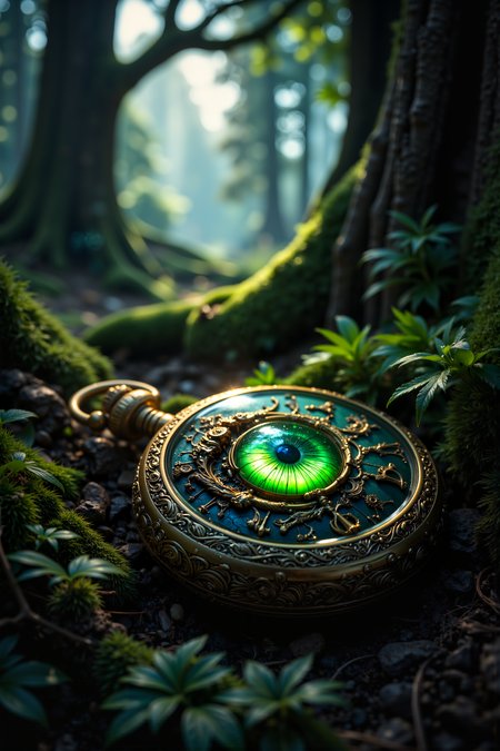 A hyper-realistic portrait, photorealistic photo close-up image of  A glowing, emerald-green dragonâs eye, perfectly embedded in the center of an ornate, antique pocket watch, lying on the forest floor beneath a towering oak tree. The eye pulsates with a subtle, inner light, casting eerie green reflections on the watchâs golden casing. The watchâs face is cracked, and tiny gears can be seen through the fissures, slowly turning as if the eye is powering the entire mechanism. The forest around is shrouded in mist, with beams of sunlight filtering through the dense canopy above, illuminating the watch and making the eyeâs glow more pronounced. Small, delicate ferns have started to grow around the watch, their tips glowing faintly in response to the eyeâs energy. The entire scene feels like a moment frozen in time, where nature and magic have merged seamlessly. The contrast between the ordinary watch and the extraordinary eye creates a captivating image of mystery and wonder. (photography, high-resolution, dynamic, energetic,hyper-realistic, dramatic lighting, shallow depth of field.), detailmaximizer, MythP0rt<lora:midjourney_whisper_flux_lora_v01:0.55><lora:aidmaMJ6.1-FLUX-V0.1:0.4><lora:FluxMythP0rtr4itStyle:0.4><lora:detailed_flux_ntc:2.2><lora:aidmaImageUpgrader-FLUX-V0.1:0.65>