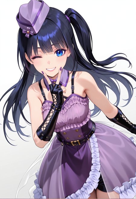 masterpiece, best quality, very aesthetic, absurdres, 1girl, solo,
<lora:fuji_aoi_v01:0.9>, virtual youtuber, aoi_costume5, black hair, long hair, one side up, blue eyes,
purple headwear, garrison cap, detached collar, purple dress, frilled dress, bare shoulders, o-ring, black fingerless gloves, elbow gloves, lace up gloves, purple nails, one eye closed, smile, v over mouth, to mouth