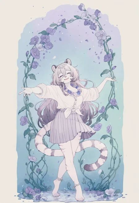 masterpiece, best quality, good quality,BREAK 1girl, hannah, kemono, smiling, eyes closed, white flowy button shirt, tucked in, flower necklace, lilac very long pleated skirt, full body, dancing, hands up, crossed legs, en pointe, bare feet, four toes, front view, dynamic,BREAK watercolor \(medium\), flowers, vines, splash, lush, scenery, light blue wash background, pastel colors, ornate border,
