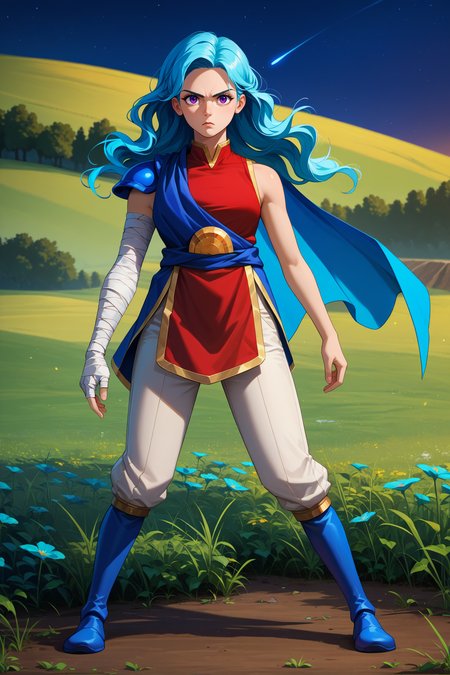 score_9, score_8_up, score_7_up, score_6_up, source_anime, 1girl, solo,  <lora:valere-pdxl-nvwls-v1-000005:1> valere, aqua hair, wavy hair, long hair, purple eyes,  blue cape, blue sash, single shoulder pad, red shirt, sleeveless, bandaged arm, white pants, night sky, full body, blue boots, serious, standing, field, night