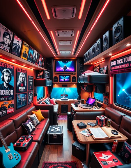 The interior of a modern RV customized for a rock band on tour. The space is stylish and lived-in, filled with musical gear like guitar cases, amps, and a drum pad. Posters of famous rock bands and tour memorabilia cover the walls. There are leather couches, a small kitchenette with snacks and energy drinks, and a cluttered table with laptops, cables, and setlists. A narrow hallway leads to sleeping bunks with personal items like headphones, books, and clothes tossed around. The lighting is warm with LED strips in red and purple tones, giving it a cozy but edgy atmosphere. A small TV displays concert footage, and speakers are mounted on the ceiling. The whole scene feels energetic, artistic, and chaotic in a creative way. Realistic style, rich colors, and highly detailed environment.
<lora:SDXLFaeTastic2400:0.4> <lora:extremely_detailed:0.4> extremely detailed <lora:r0ck_b4nd_rv:1>r0ck b4nd rv, Masterpiece,best quality,hi res,8k,hi res,8k,award winning,(sharp focus, intricate, highly detailed),
