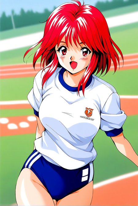 score_9, score_8_up, score_7_up, source_anime, rating_explicit, BREAK  <lora:Asahina_Yuko_XL:1> AsahinaYuko, red hair, medium hair, red eyes, bangs, sidelocks, breasts, solo, 1990s (style), 
dark blue buruma, blush, white gym uniform, open mouth, cowboy Shot,
track and field,