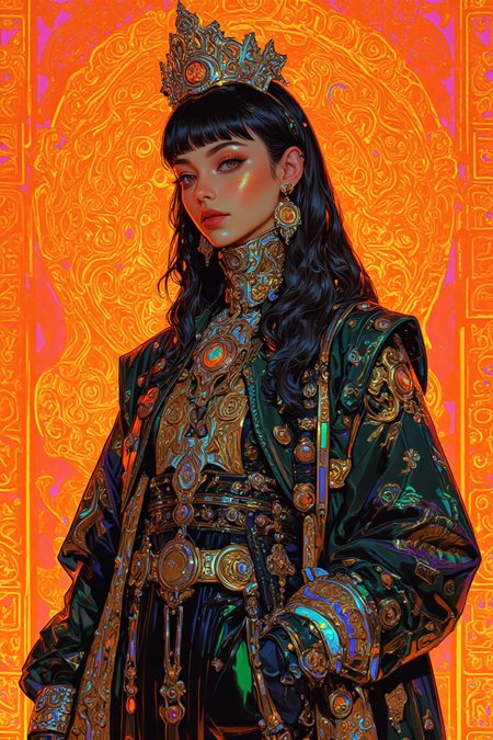 A hyper-realistic illustration of a Caucasian woman with long hair styled in a high ponytail with bangs, dyed in gradient shades of iridescent blue with violet and streaks of glowing green highlights. She wears a futuristic street-inspired oversized coat with swirling holographic patterns blending intricate beadwork motifs in glowing neon hues of yellow, pink, and red, layered over slim-fit high-waisted pants embroidered with geometric designs in electric blue. Platinum earrings shaped like crescent moons complement her look, while a radiant headpiece of intertwining golden vines and sapphire-encrusted accents crowns her head. The background is a vivid neon orange, contrasting the cool tones of her outfit, with ancient glowing runes shifting in multicolored patterns arranged in a poster-like effect. Captured with a Canon EOS R3, 24 MP, paired with an RF 50mm f/1.2L USM lens for ultra-high-definition details, styled with a fusion of cultural traditions and avant-garde futurism.