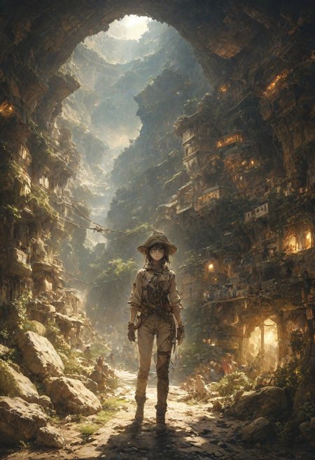 ((1girl, anime-style portrait of a cute young beautiful Korean explorers wearing an alluring outfit, sexy attire, glasses, expedition hat, pitch-black hair, lipgloss, pouty lips, revealing clothing, hipwindow, seductive, (attractive, realistic skin, skindentation, realistic face:1.2), (loop lighting:1.3))), 
a fantasy cliffside jungle shrine overlooking rugged mountains, rainforest climate, 
crowd, looking at viewer, huts, 
extremely detailed background, convoluted environment, complex structures, 
hyperdetailed realistic illustration, intricately detailed, highest quality, implied motion, (background in focus:1.5), clear, 
BREAK, ultra level of detail and precision in the art, masterpiece, best quality, very aesthetic, mixed media, digital art, hyperrealistic, detailed shading, extreme wide-angle view, ray-traced, specular reflections, subsurface scattering, light leaks, (lens flare, rainbow lens rings, crepuscular rays:1.1), water droplets on lens, soft shadows, film grain, Dutch angle, cinematic composition, mystic haze, dusty atmosphere, HDR, mystic haze, dusty atmosphere, complementary colors, intense mood, sharp focus,