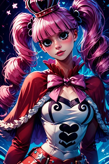 score_9, score_8_up, score_8, medium breasts, (curvy), cute, eyelashes,       BREAK, ,  zzPerona,  black eyes, long hair, twintails, pink hair, blunt bangs, drill hair,   crown, capelet, skirt, shirt, red capelet, striped, crop top, long sleeves, bow, <lora:Perona_OnePiece_PDXL:0.8>, , BREAK,  (ultra realistic,32k, masterpiece:1.2),(high detailed skin:1.1),( high quality:1.1), curvy, head tilt, hearts, blush, lips, closed mouth, curvy, head tilt, shiny clothes, (upper body), looking at viewer, bokeh, luminescent background, ,,, embedding:zPDXL, Expressiveh, ,,, <lora:RlAnmPDXL:1.0>,