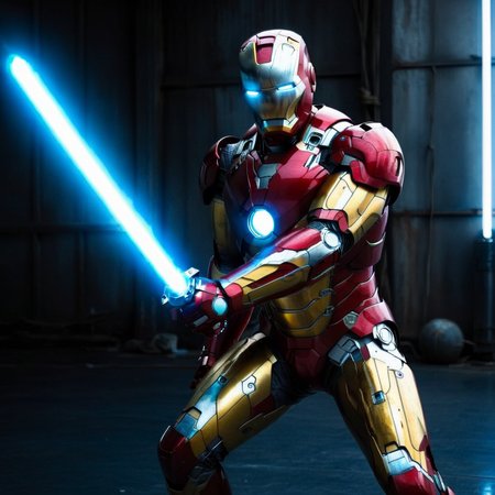 A iron man  holds a lightsaber. <lora:Ichimonji:0.9>