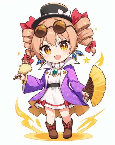 yorigami jo'on,1girl, eyewear_on_head, sunglasses, ring, earrings, twin_drills, chibi, white_background, simple_background, white_dress, round_eyewear, open_mouth, full_body, holding_fan, boots, hat_bow, bangle, necklace, solo, high_collar, smile, ribbon, floral_print, brown_footwear, pendant, mini_top_hat, folding_fan, long_sleeves, purple_coat, upper_teeth_only, aura, black_headwear, looking_at_viewer, white_bow, standing, red_bow, purple_jacket
<lora:yorigami_jo'on_image1462_2023-12-20-000014:1>,star-shaped_pupils,symbol-shaped_pupils,. gorgeous,key visual, vibrant, studio anime,award-winning, professional, highly detailed,high budget, cinemascope