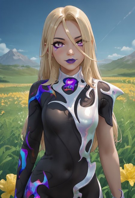 source_anime, score_9,score_8_up, score_7_up,score_6_up, anime style, uncensored, BREAK,SerenadeFN, long blonde hair, purple eyes, purple lips, one short sleeve, gloves, black spandex bodysuit, silver details, long sleeve glove, blue long glowing boot, silver glove, wide hips, cute blush, seductive look, flirting, the girl turns back, view from the back, flower field, sunlight bottom view, perfect face, detailed face, volumetric lighting, cinematic lighting,