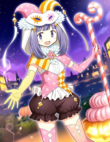 masterpiece, best quality, newest, absurdres, highres, safe, 1girl, yume urara \(halloween costume\), magia record: mahou shoujo madoka magica gaiden, yellow-pink elbow gloves, thighhighs, solo, open mouth, outdoors, dutch angle, <lora:yume_urara_noobaiXLNAIXL_vPred10Version:0.7>