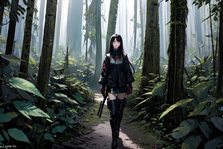 highly insanely detailed, masterpiece, top quality, best quality, highres, 4k, 8k, RAW photo, (very aesthetic, beautiful and aesthetic),  
beth_\(megami_tensei\),bethsmtii,shin megami tensei ii,long hair,black hair,straight hair,sleek black,jewelry,cross,headband,red_lipstick,Tokyo_Millennium,post-apocalyptic_city,dystopian_world,Great_Cataclysm,World_ending_event,apocalyptic_disaster,city_rebirt, 
<lora:zs_Beth:0.3>, 
(1girl:1.3), 1other, 
large forest,enchanting forest,dense forest,lush forest,tall trees,canopy,overgrown scenery,plaid background,âââ