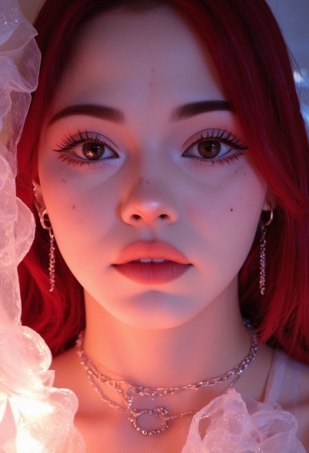 This is a highly detailed, digital illustration of a young woman KTNK with a striking, ethereal appearance. The artwork is rendered in a hyper-realistic, photorealistic digital medium, showcasing intricate details and vibrant colors. The subject has a fair, porcelain-like skin with a radiant glow, particularly evident on her face. Her eyes are almond-shaped, large, and expressive, with a captivating gaze that draws the viewer in.