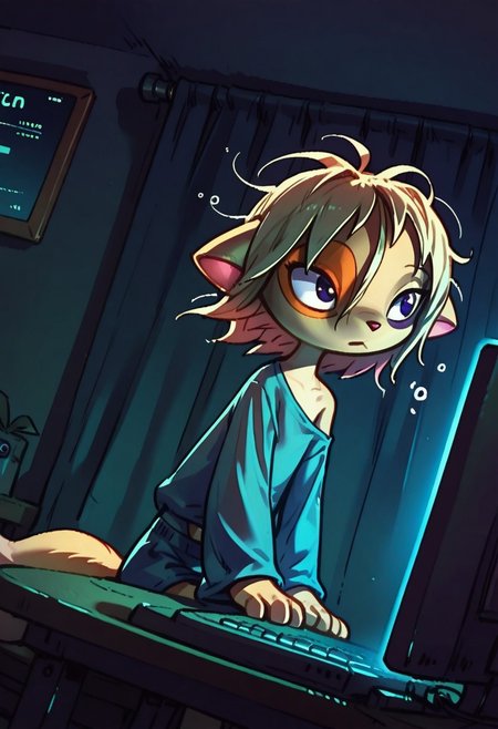 Dreamkeepers,1girl,Paige,solo,furry,tail,source_furry,blonde hair,
child,
masterpiece, best quality, newest, very awa, no lineart, no outline, Flatline, Flat vector illustration, Smooth, super cute style, very aesthetic, flat colors, Colorful themes, High Saturation, petite, cute, small, fragile, young, youthful, short hair, messy hair, collarbone, navel, 
dynamic pose, sleepy, gray bags under eyes, dutch angle, sitting at computer, cute outfit, casual outfit, indoors, one bare shoulder, night, dark, volumetric lights,