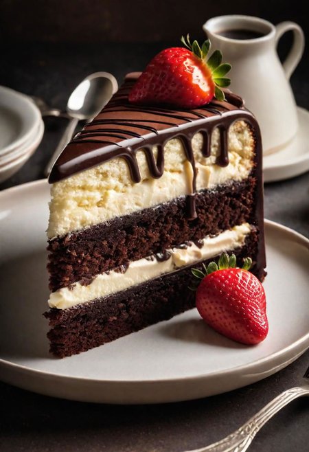 a photo of a cream chocolate cake, with chocolate topping and cream and a single strawberry. Warm side light from the left.