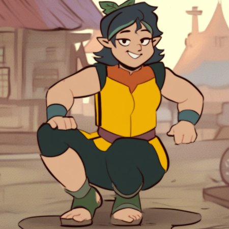 score_9, score_8_up, score_7_up, score_6_up, score_5_up, score_4_up, masterpiece, high quality, detailed, Pandora, plus-sized, muscular, pale skin, pointy ears, green hair, plant on head, Yellow tank top, green shorts, outdoors, town, market, smiling, seductive, looking at viewer, full body,