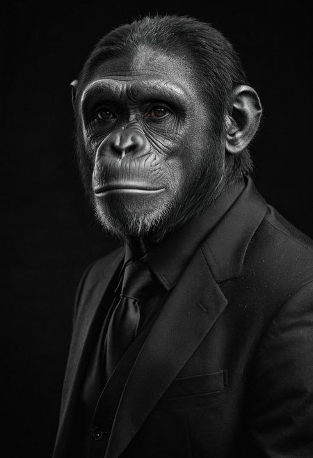 high-contrast (monochrome:1.2) palette, subtle grain, timeless feeling, cinematic quality, modern art photograph, chimp wearing a black suit with a black shirt with a black vest with a black necktie, natural skin texture, realistic skin texture, black background