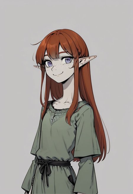 Lapanya, 1 person, solo, pointy ears, ((snout nose)), flat chest, light skin, freckles, tall, ((gray eyes, gray irises)):1.2, ((smiling, friendly expression)),  auburn hair, long hair, several strands of hair sticking straight up, back-length hair,  average build, small nostrils, ((3 fingers 1 thumb)), baggy long-sleeve green tunic, ((blue breeches)) fully clothed,  
Lineart, flat color, clean lines, up close, upper body focus, highly detailed face, high quality, best quality,  score: 9, score: 8 up, rating: safe
