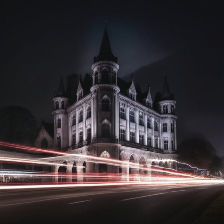 long exposure, a gothic style building, car  light trails <lora:Long_Exposure_XL-KK:1>