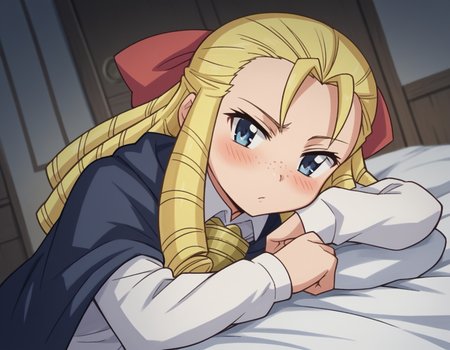score_9, score_8_up, score_7_up, source_anime,
montmorencymargaritalaferedemontmorency, <lora:montmorency-margarita-la-fere-de-montmorency-s3-ponyxl-lora-nochekaiser_r2:1>,
montmorency margarita la fere de montmorency, long hair, blonde hair, bow, hair bow, drill hair, forehead, freckles, hair pulled back, ringlets,
skirt, thighhighs, long sleeves, collared shirt, white shirt, black skirt, cape,
indoors, bed, bed room, on side, blush, drunk,
looking at viewer, cowboy shot, solo, dutch angle