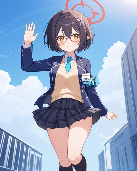 ayane \(blue archive\), halo, school_uniform, full_body, id_card, kneehighs, glasses, hair_ornament, outdoors, looking_at_viewer, white_shirt, collared_shirt, long_sleeves, grey_skirt, waving, pleated_skirt, blue_necktie, braid, smile, sneakers, plaid_skirt, closed_mouth, sidelocks, solo_focus, open_jacket, striped, sweater_vest, blush, black_socks, 1girl, standing, armband, 2girls, blue_jacket, solo, cloud, blue_sky, black_jacket, black_skirt, blazer
<lora:ayane_(blue_archive)_image368_2023-11-26:1>halo. gorgeous,key visual, vibrant, studio anime,award-winning, professional, highly detailed,high budget, cinemascope