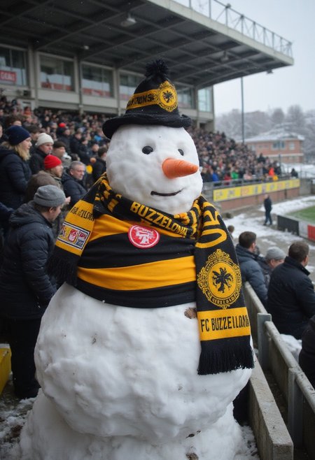 Fat and obese, snowman with a carrot nose is a football supporter hooligan, wearing a black and yellow team jersey, presenting a supporter scarf that says ”FC BUZZELONA”. The setting is the stands at a football stadium