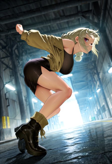 HDR, 8K, masterpiece, best quality, amazing quality, very aesthetic, superabsurd res, high resolution, ultra-detailed, absurdres, newest, scenery, dutch angle,1girl, looking at viewer, petite, large breasts, araga kiwi, bangs, mole under eye, purple eyes, empty eyes, eye bags, dark blonde hair, low tied twintail bun, no tail,layered clothes, off-shoulder jacket, tank top, pencil skirt, side slit, ankle boots, dynamic pose,In-depth, from side, looking away, hurt, ambient artificial light <lora:NOOB_EPSv1_1_detailer_by_vlnvk_v1_0:1.0> <lora:Araga_Kiwi_Illustrious:0.6>