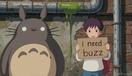 cute little adorable anime kiddo boy with purple hair standing with totoro  in a city clum andholding up a sign saying "i need buzz" back ground is a city slum with pipe that has some thing green dripping there.  the boy have tears in his eyes