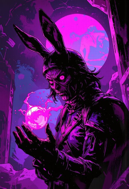 ArcaneFGTNR  digital artwork featuring a swirling purple rabbit mutant, magical neon glow, dark gritty visuals, dark illustrative comic book style 