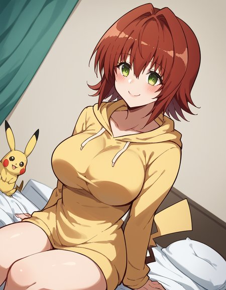 score_9, score_8_up, score_7_up, source_anime, <lora:ryouko-mikado-darkness-ponyxl-lora-nochekaiser:1>, ryouko mikado, short hair, hair between eyes, green eyes, red hair, hair intakes, large breasts, <lora:pikachu-cosplay-ponyxl-lora-nochekaiser:1>, pikachucosplay, pikachu (pikachu), character print, hood, hoodie, yellow hoodie,, bed, bed room, smile, blush, wariza, sitting, , dutch angle, cowboy shot