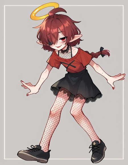 score_9, score_8_up, score_7_up, score_6_up, score_5_up, score_4_up, solo, 1girl, solo,
<lora:Popoka_v3:0.8> ppka, smile, outstretched leg, 18th century harlot wearing a red ruffled shirt, lace-trimmed skirt, fishnet stockings, satin shoes, jeweled ring, subtle blush,kohl-lined eyes,red lips, lace choker,feathered hat, flat color, sketch, <lora:Nullantwins:0.8> Lynn, red hair, red eyes, (hair over one eye), braided ponytail, halo, freckles, bags under eyes, jitome, ahoge, pointed ears, flat chest, eyepatch